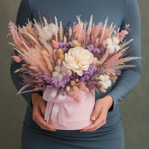 Цветы в коробке «Флорариум из сухоцветов и хлопка»